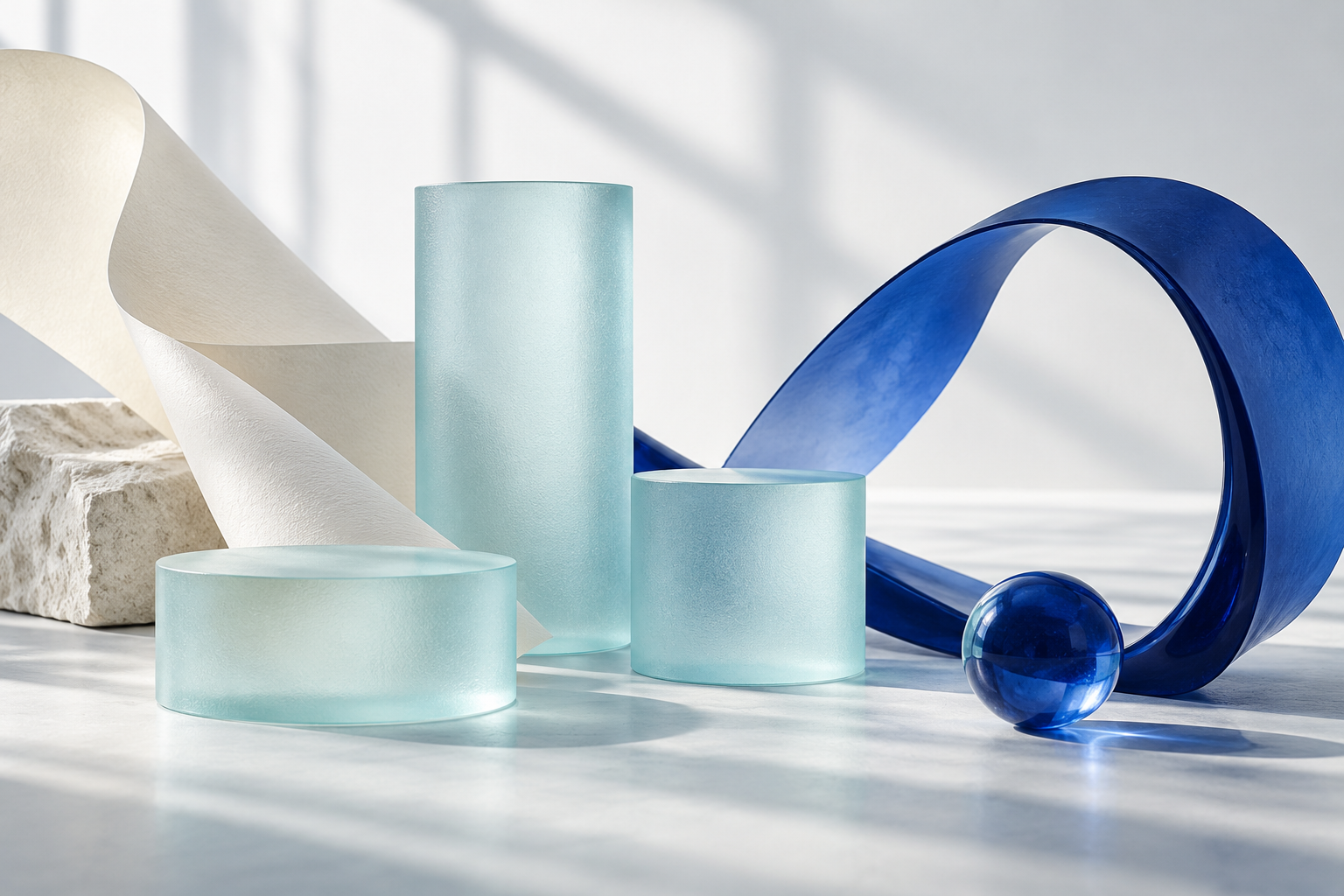 Abstract aqua glass and cobalt sculptures in a sunlit still life